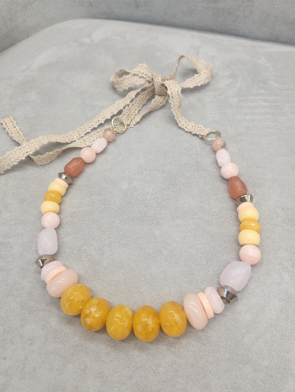 Vintage Beaded Necklace Pastel Yellow Cream Pink Lace Extra Chunky Boho Artsy